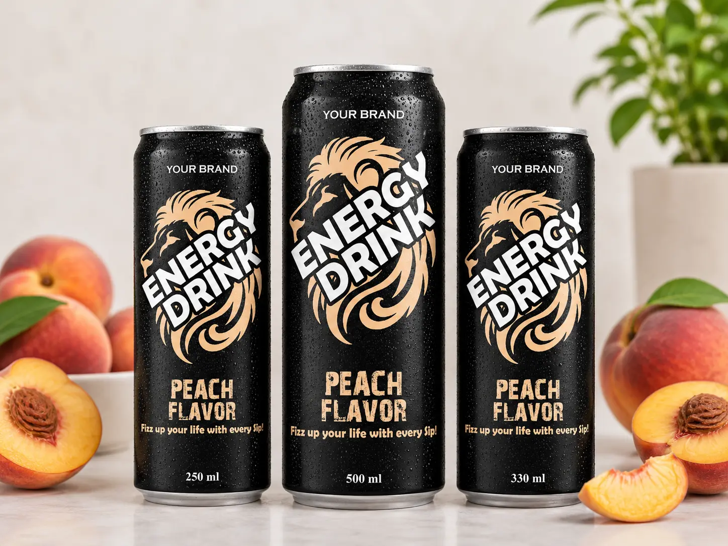 ENERGY DRINK Peach Flavor 250ml, 500ml and 330ml cans.